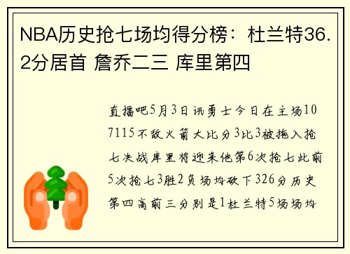 NBA历史抢七场均得分榜：杜兰特36.2分居首 詹乔二三 库里第四